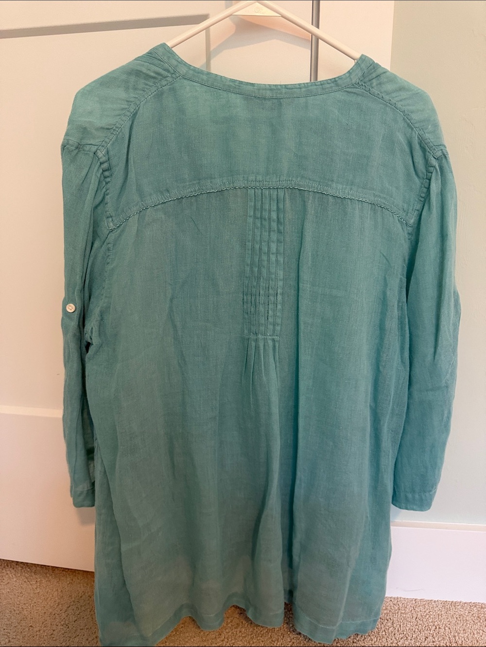 3 Tommy Bahama Linen Button Down Blouses with Ruffle Detail Aqua Coral and Tan - Picture 8 of 15